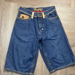 Vintage Y2K Coogi Mosaic Baggy Hip Hop Denim Jean Jorts Shorts Mens 34 Blue Gold
